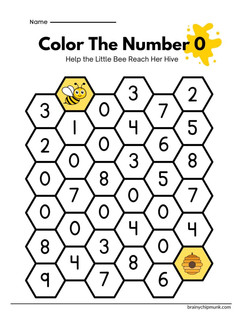 Hexagonal grid puzzle titled "Color the Number 0." A bee in the top left and a hive in the bottom right guide the path through zeros.