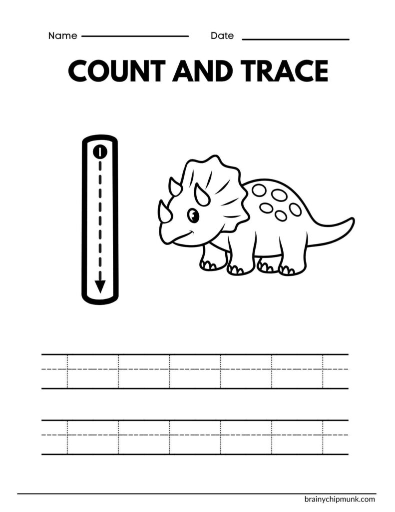 Free Printable worksheet featuring the number one with tracing lines and one dinosaur to count. Includes practice lines for tracing one. Header reads 'Count and Trace.