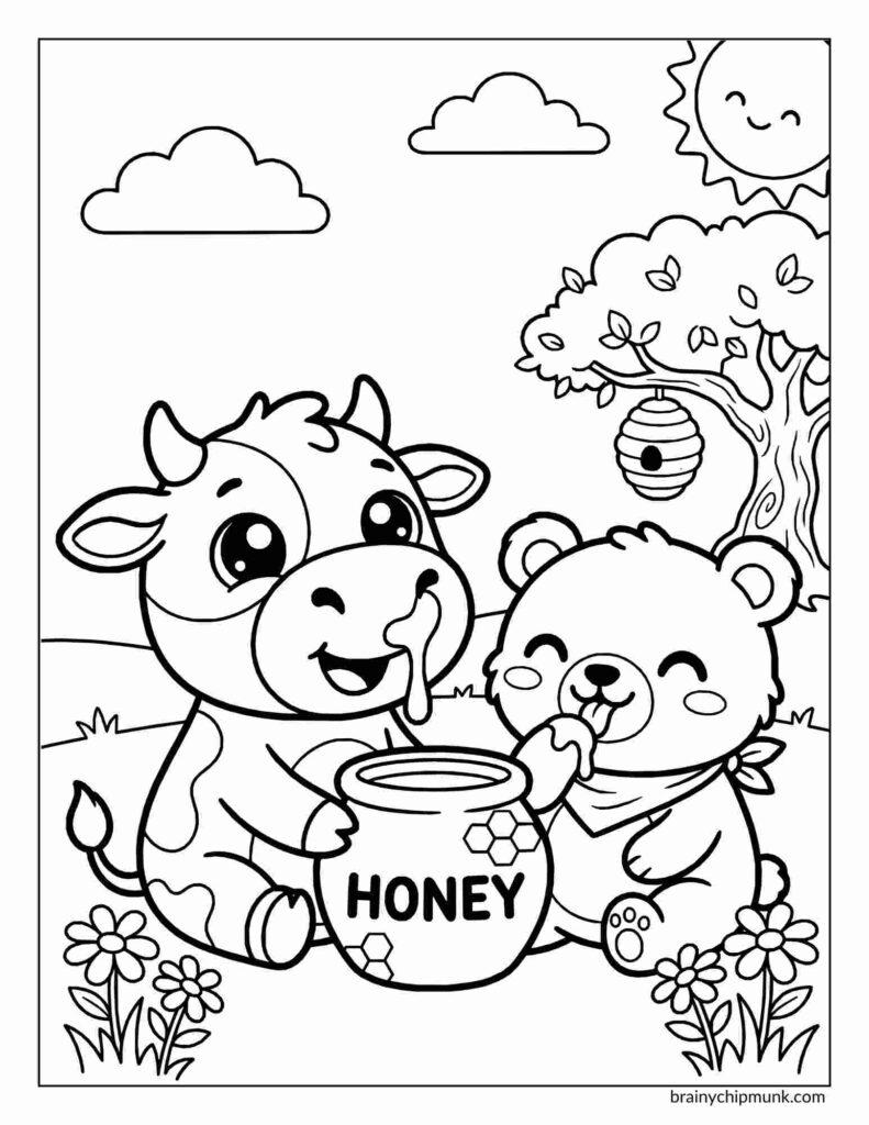 25 Super Cute Cow Coloring Pages A cute cow coloring page and a bear share a honey pot in a sunny field with flowers. A tree with a beehive sits nearby. The scene is cheerful and playful.