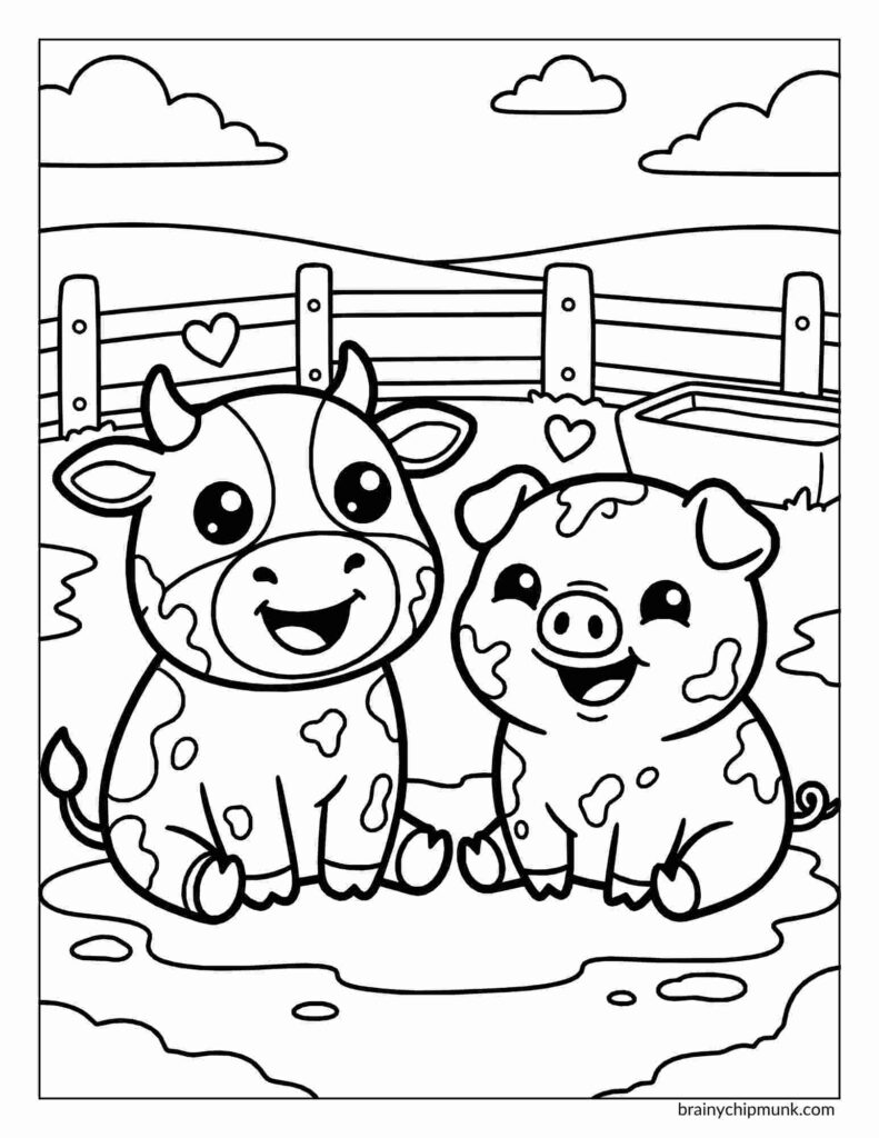 25 Super Cute Cow Coloring Pages Cute cow and pig sit happily in a muddy field, surrounded by hearts coloring page . A wooden fence and hills are visible under a cloudy sky.