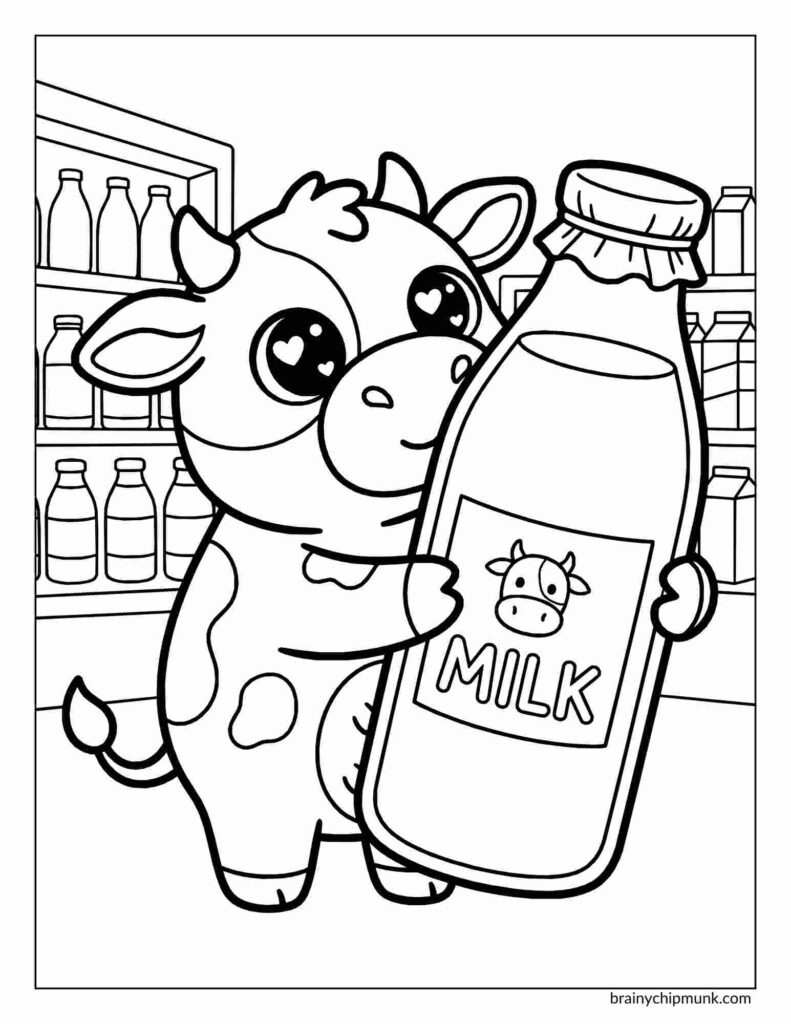 25 Super Cute Cow Coloring Pages Cute cartoon coloring page of a cow with heart-shaped eyes holding a milk bottle featuring a cow illustration. Shelves with more bottles are in the background.
