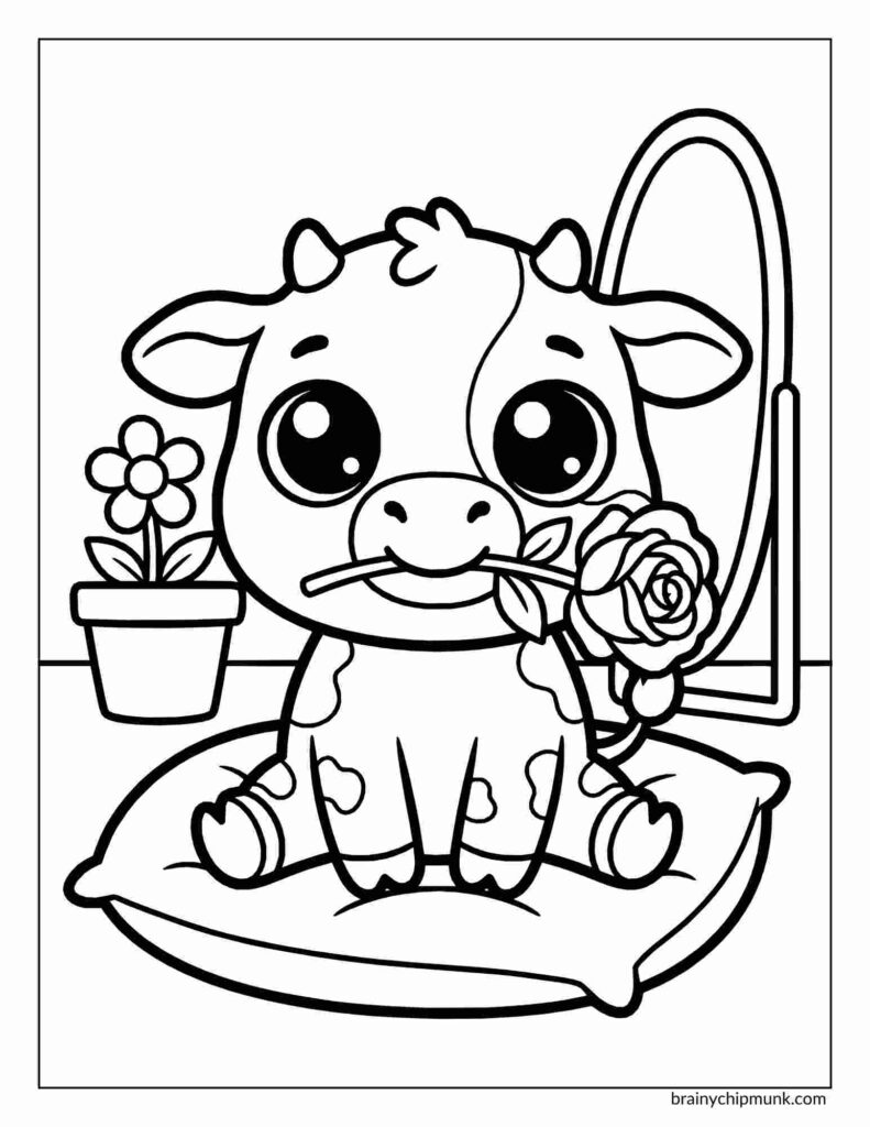 25 Super Cute Cow Coloring Pages Coloring page of a cute calf sitting on a pillow, holding a rose in its mouth. A potted flower and a standing mirror are in the background. Playful and charming.