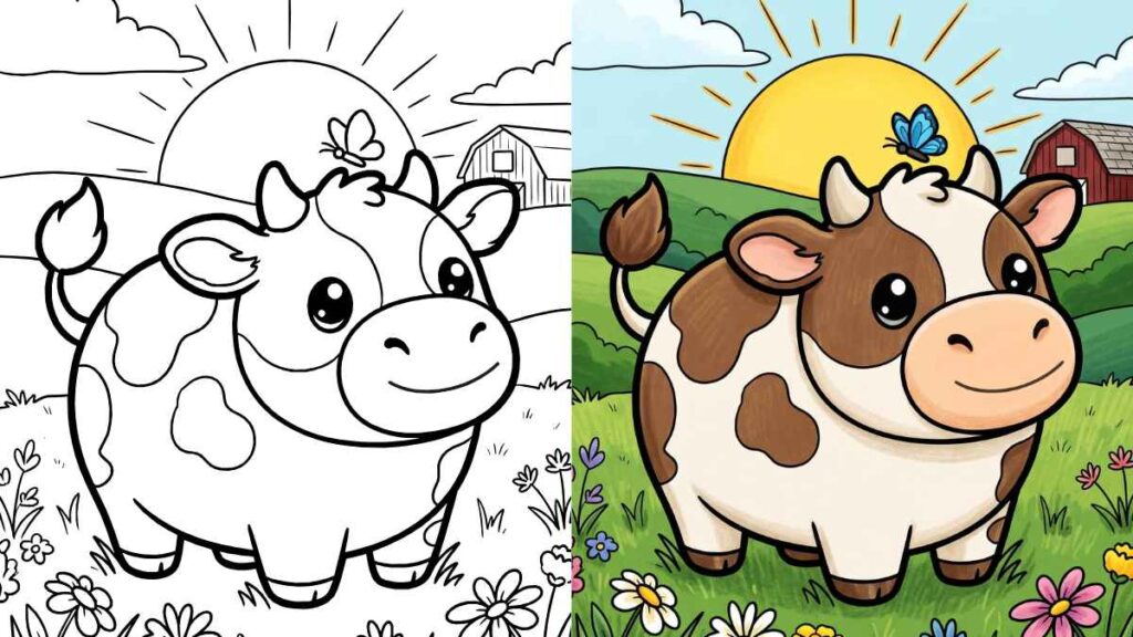 Cow Coloring pages of a cute cartoon cow in a meadow, with a butterfly on its head, is shown in two styles: a black-and-white drawing on the left and a colored scene with bright flowers and a smiling sun on the right.