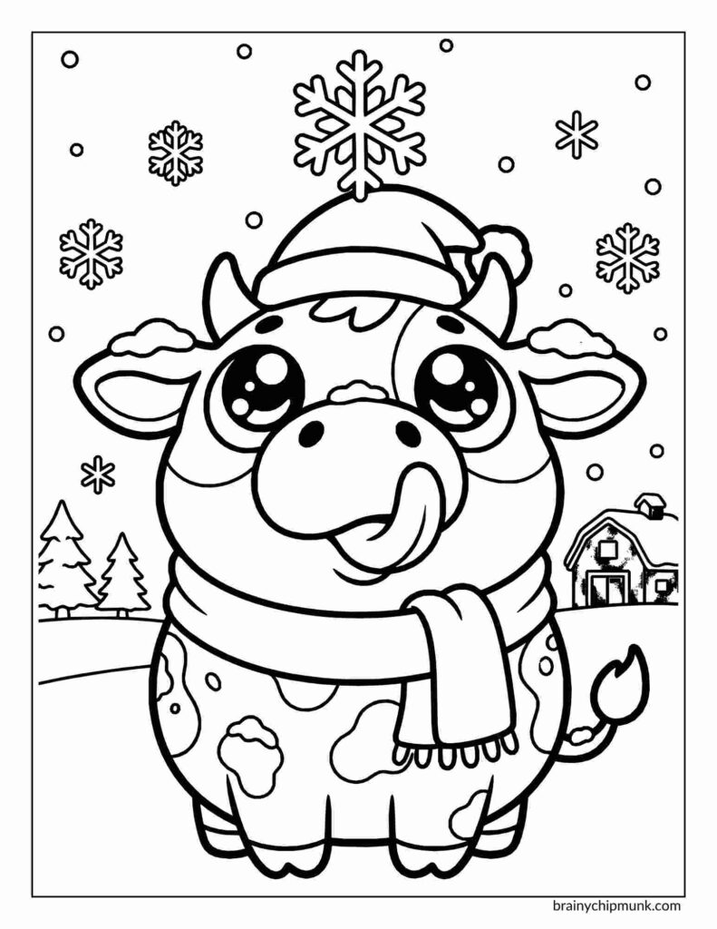 25 Super Cute Cow Coloring Pages Cute coloring page of a cow wearing a scarf and hat in a snowy landscape, with large eyes and tongue out playfully. Snowflakes and a barn in the background.