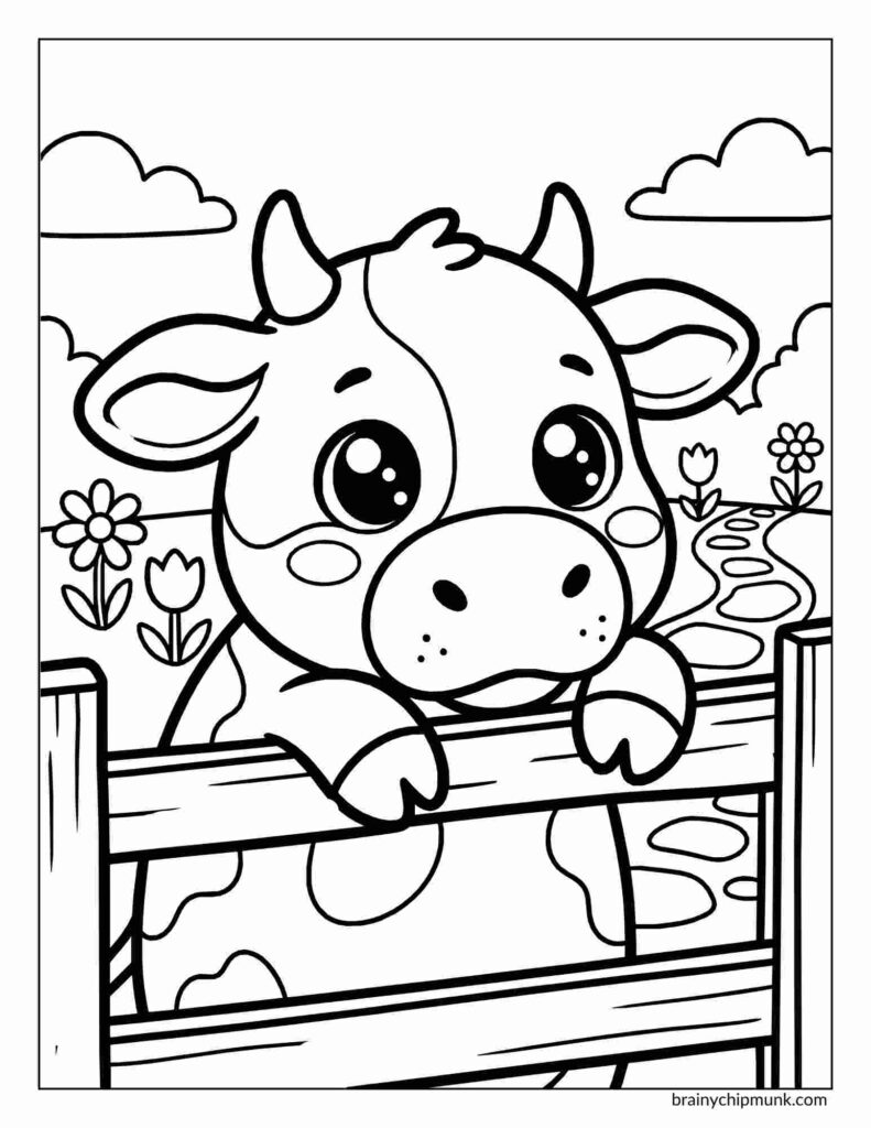 25 Super Cute Cow Coloring Pages Cute coloring page of a cow with big eyes peeks over a wooden fence. Flowers and a winding path in the background under a partly cloudy sky.