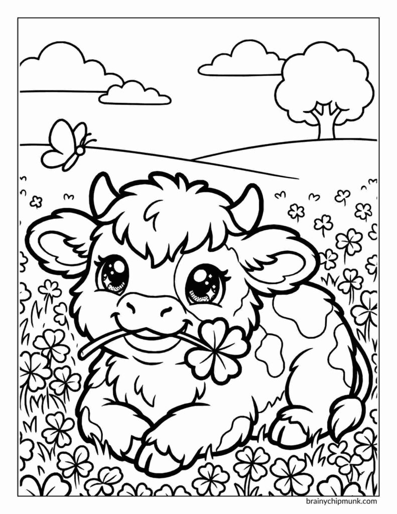25 Super Cute Cow Coloring Pages Cute coloring page of a calf lounging in a flower-filled meadow, holding a clover in its mouth. A butterfly flutters nearby, with hills and clouds in the background.