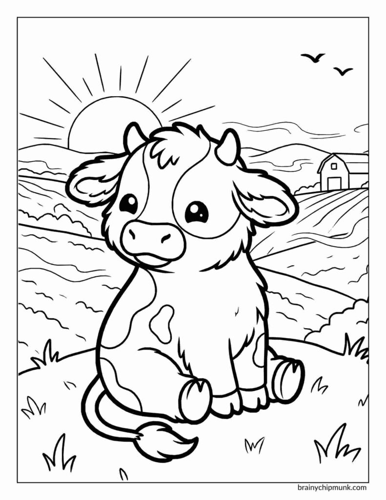 25 Super Cute Cow Coloring Pages Coloring page of a cute cartoon cow sits on a hill in a sunrise farm scene. Rolling fields and a barn are in the background with birds flying. Peaceful and charming.