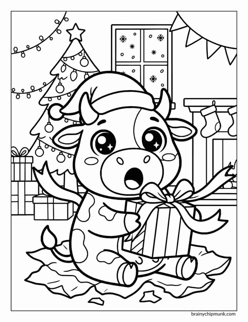 25 Super Cute Cow Coloring Pages Coloring page of a cow wearing a Santa hat, sitting by a Christmas tree and a window. It is joyfully unwrapping a gift, surrounded by decorations.