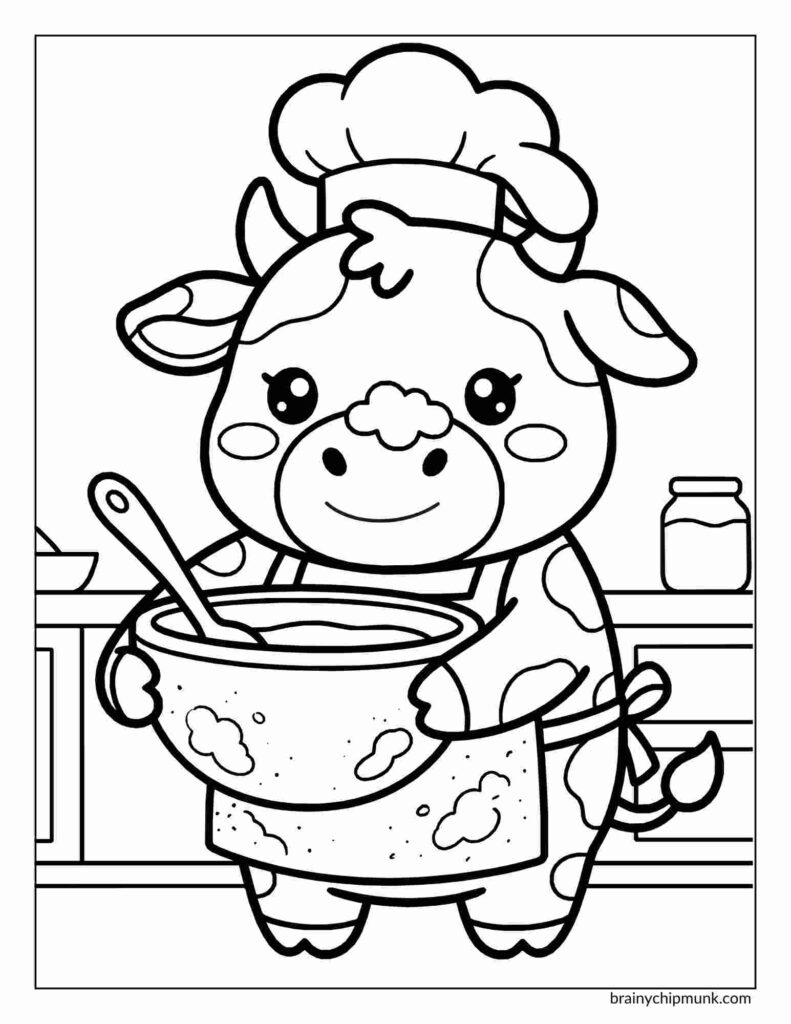 25 Super Cute Cow Coloring Pages Cute cartoon cow sitting on a crescent moon, surrounded by stars, with a cheerful expression. The image is outlined, inviting coloring.