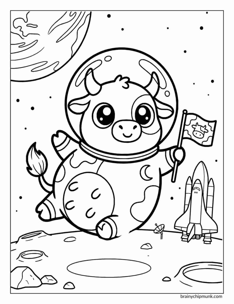 25 Super Cute Cow Coloring Pages Cute cow in space suit joyfully holds flag with cow symbol on moon, beside a rocket coloring page. Earth is visible in the starry sky. Playful and whimsical.