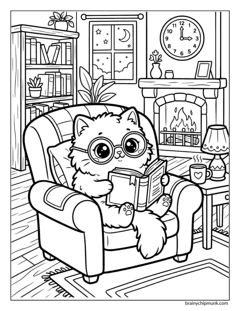 Adorable cat with glasses sits in an armchair reading a book. A cozy room features a bookshelf, fireplace, and window with a night sky.