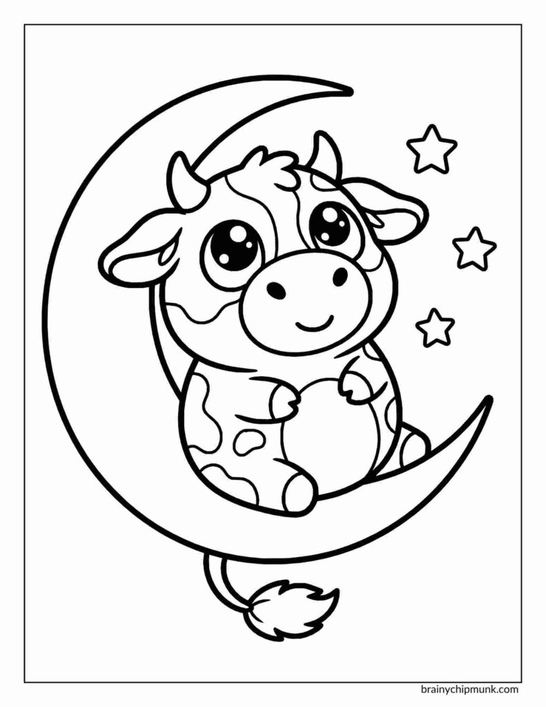 25 Super Cute Cow Coloring Pages Cute cartoon cow sitting on a crescent moon, surrounded by stars, with a cheerful expression. The image is outlined, inviting coloring.