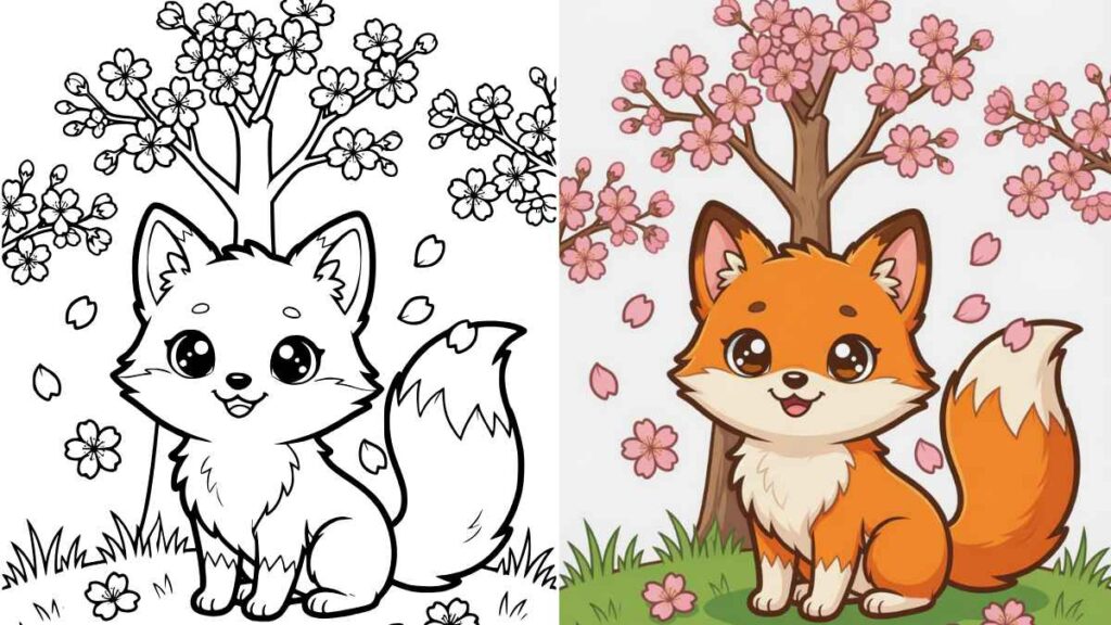 A cute cartoon fox sits under a cherry blossom tree. The left side is a black and white coloring page, while the right side is fully colored.