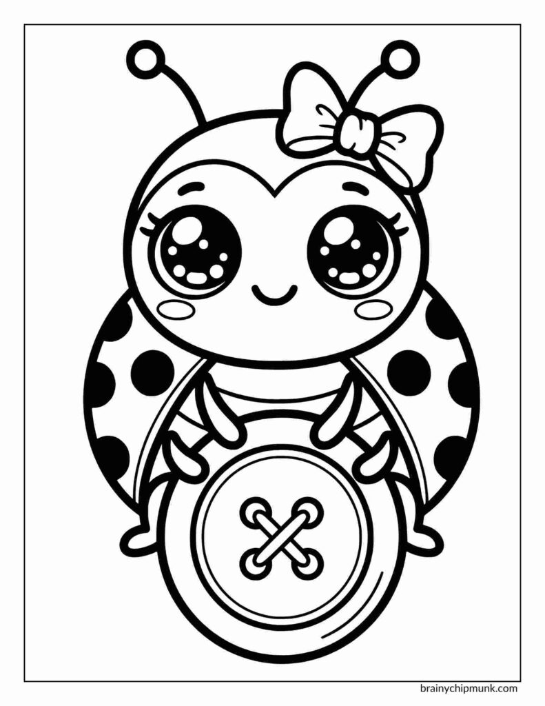Coloring page of a cute cartoon ladybug with large eyes and a bow on its head, holding a large button. Its wings are dotted, and it conveys a playful tone.