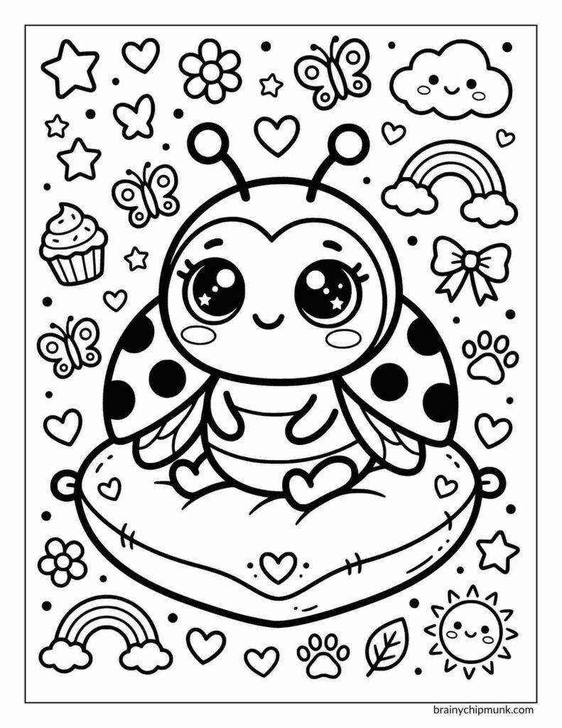 Cute ladybug coloring page with big eyes sits on a heart-shaped pillow, surrounded by butterflies, stars, hearts, rainbows, and smiling clouds; a cheerful, whimsical scene.