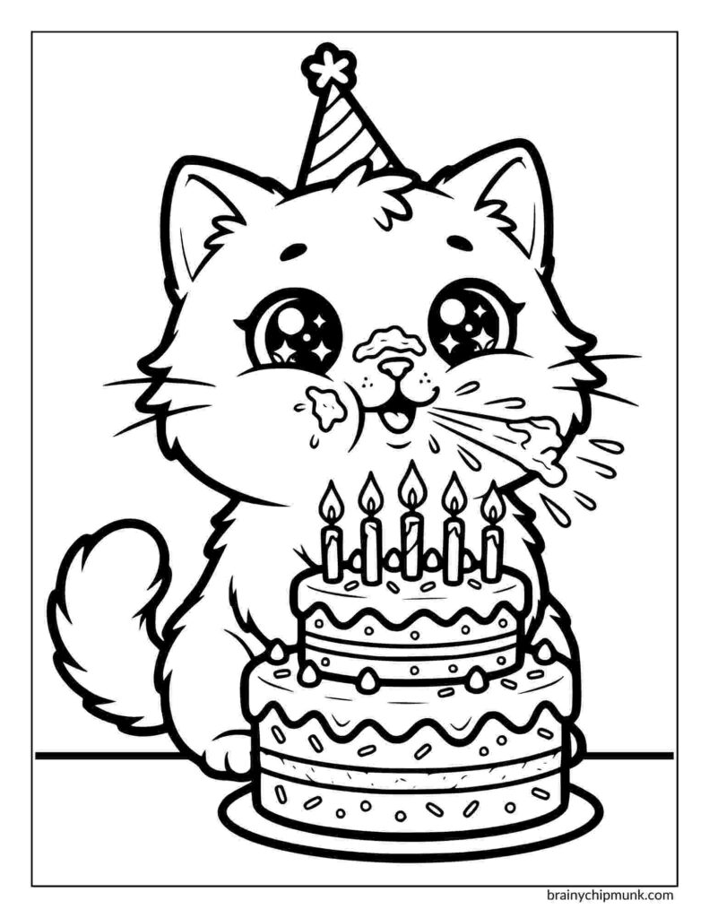 A cute cat wearing a party hat blows a party horn, sitting in front of a decorated birthday cake with six lit candles, conveying a festive mood.