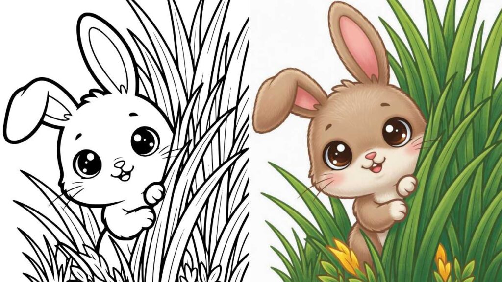 Cute cartoon bunny peeking from tall grass, left half in black-and-white outlines, right half in color with brown fur and pink ears, conveying playfulness.