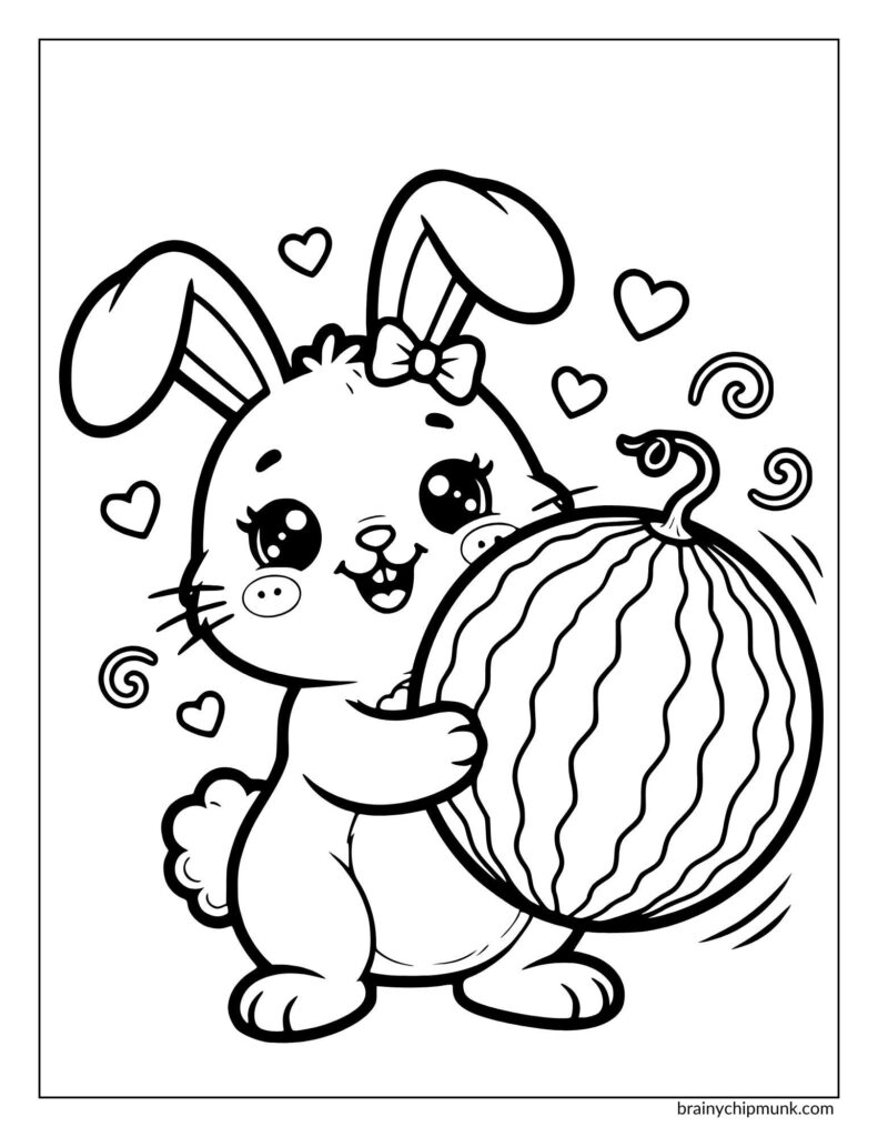 Cute bunny with a bow holds a watermelon, surrounded by floating hearts and swirls. The illustration is playful and cheerful.