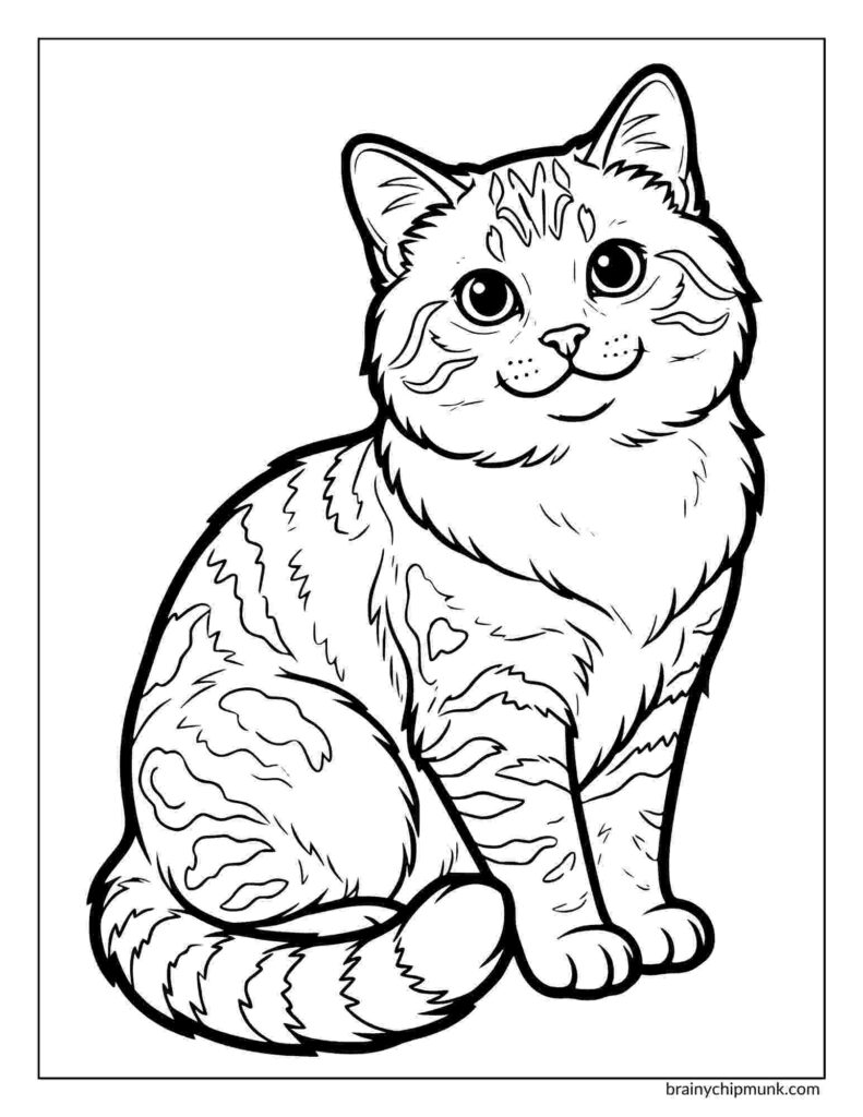 Line art drawing of a sitting cat with a patterned fur coat, large eyes, and a smiling expression. The outline is bold and inviting for coloring.