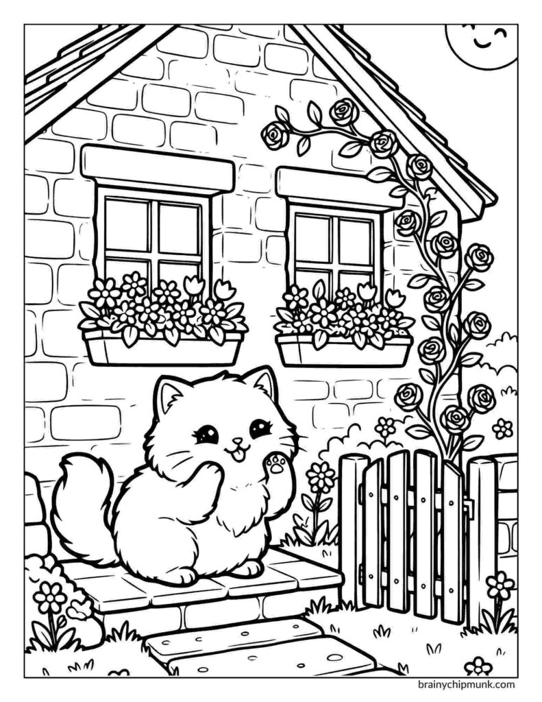 A cute, fluffy cat sits cheerfully in front of a cozy hut with flower-filled window boxes. A rose vine climbs the wall, and a sun smiles above.