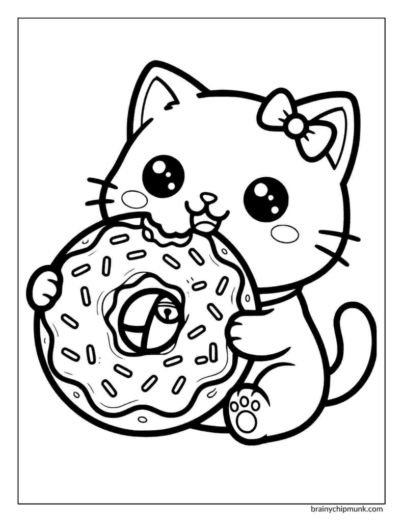 Cute cartoon kitten with a bow, happily holding a sprinkled donut while taking a bite. The image is simple, joyful, and outlined in black.