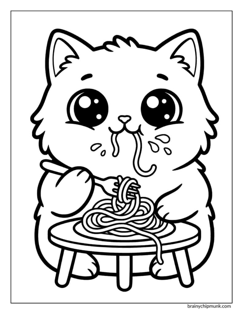 Cartoon of a fluffy cat joyfully eating spaghetti with a fork at a small table. The cat's large eyes convey delight and enthusiasm.