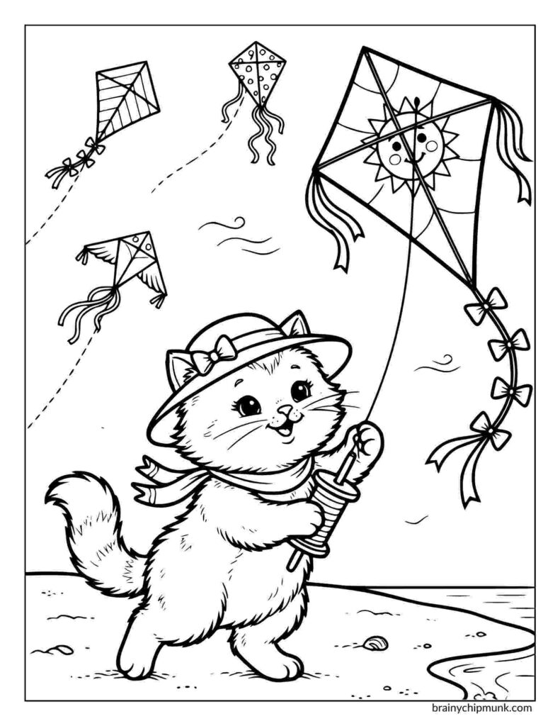 A cute cat wearing a hat and scarf flies a sun-themed kite on a beach. Other kites soar in the sky, creating a joyful, playful scene.