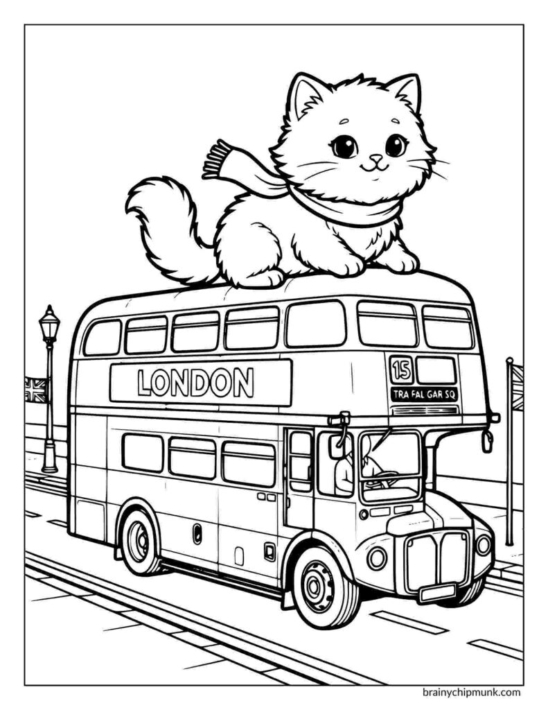 A cute cat wearing a scarf sits on top a vintage London bus.
