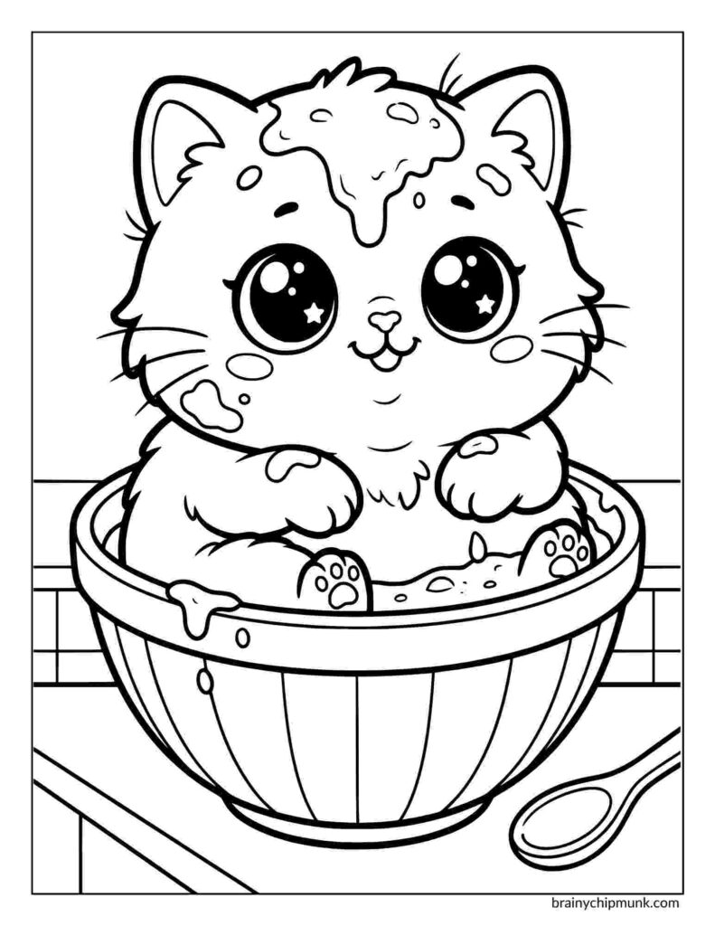 Cute Kawaii Cat sitting in a mixing bowl, covered in batter, with wide sparkling eyes and a playful expression. A spoon is beside the bowl.
