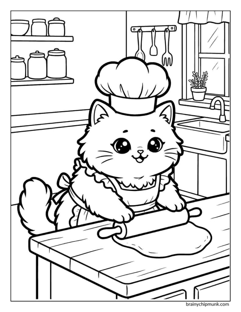 Cute cat in chef's hat and apron rolls dough on a kitchen counter, evoking a playful cooking scene. Shelves with jars and utensils in background.