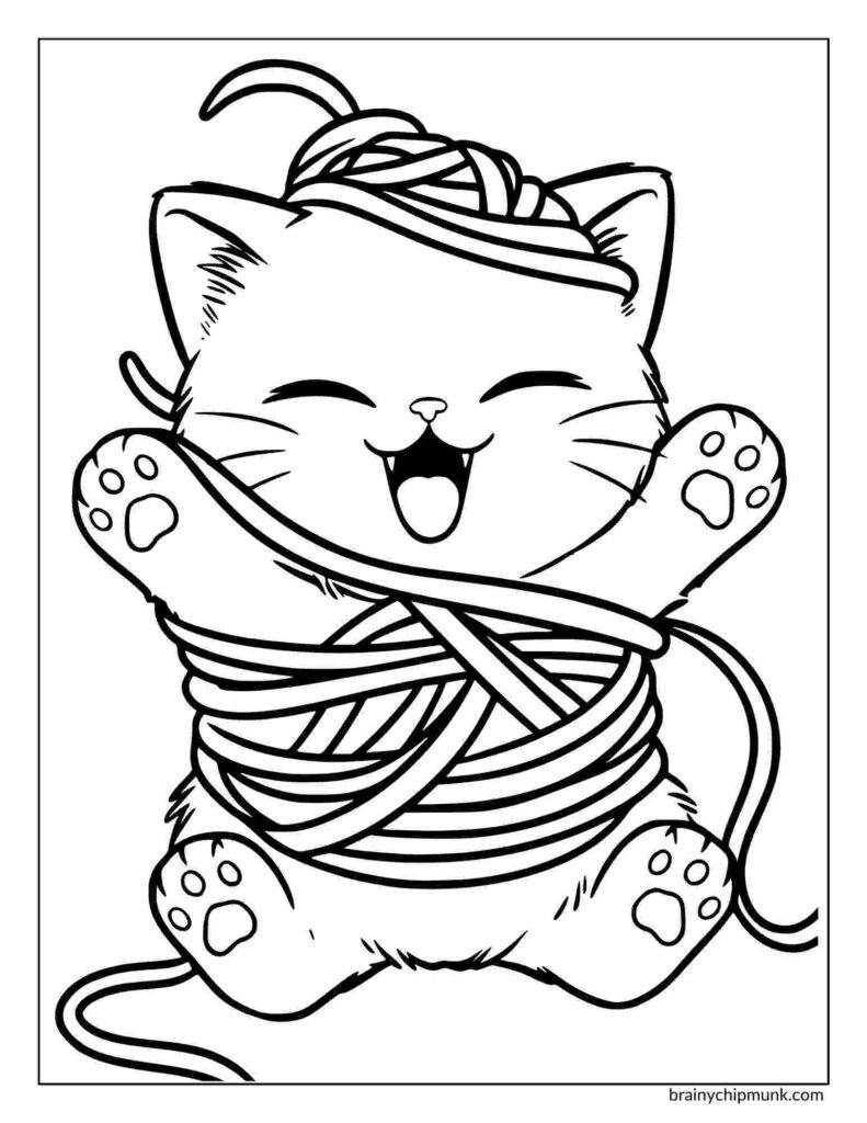 Adorable cartoon kitten tangled in yarn, smiling with eyes closed and paws up. The playful scene conveys happiness and mischief.