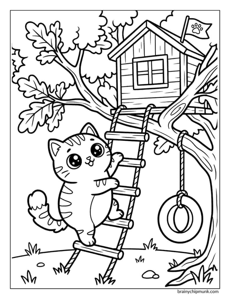 A cute cartoon cat climbs a wooden ladder towards a treehouse. The scene is playful, with a tire swing hanging from the tree, under a clear sky.