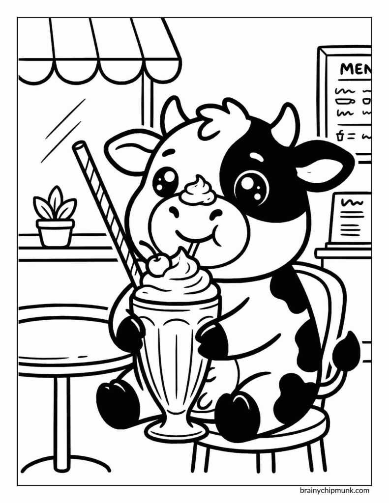 25 Super Cute Cow Coloring Pages Cute cartoon cow in a café, sitting on a chair, joyfully sipping a milkshake with a large straw coloring page. A small table and a menu are in the background.