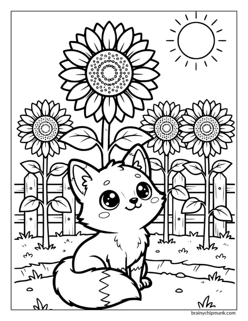 Fox coloring page sitting happily in front of large sunflowers and a wooden fence under a sunny sky. The scene is playful and cheerful.