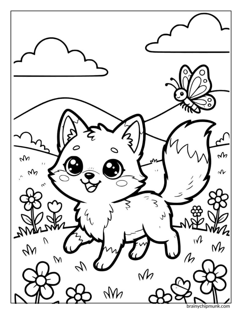 Cute fox coloring page with a fluffy tail strolling in a flower-dotted meadow. A butterfly flutters nearby, under a sky with puffy clouds and rolling hills.