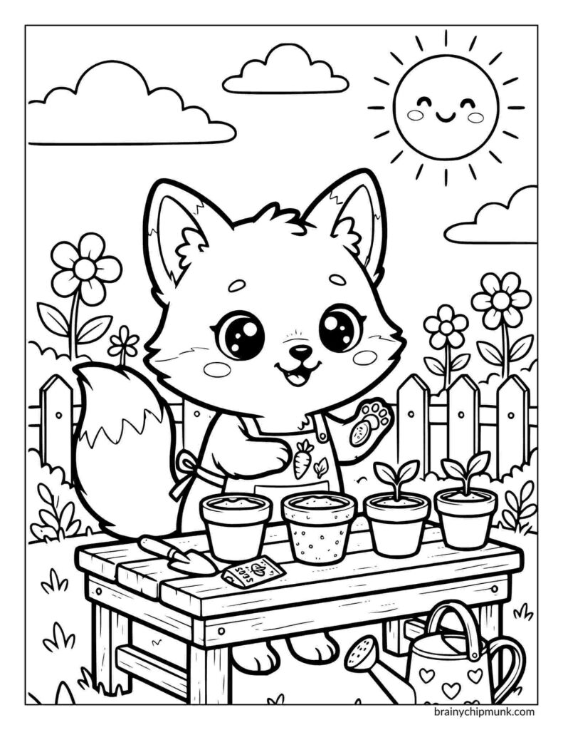Cute fox coloring sheet, fox is gardening with joy, wearing an apron, holding seeds by potted plants on a wooden table. Smiling sun and flowers in the background.