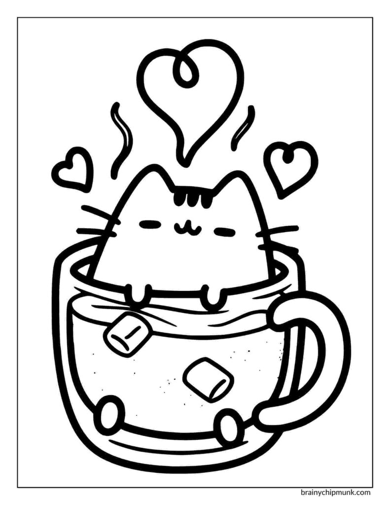 Cute cartoon cat in a steaming mug of hot cocoa with marshmallows, surrounded by floating hearts. The image conveys coziness and affection.