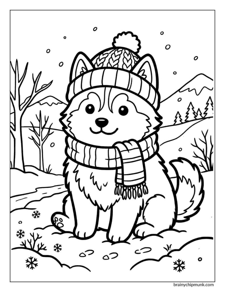42 Cute Husky Coloring Pages Cute husky coloring page sitting in a winter scene, wearing a knit hat and scarf. Snow is falling, with mountains and trees in the background. Playful and cozy atmosphere.