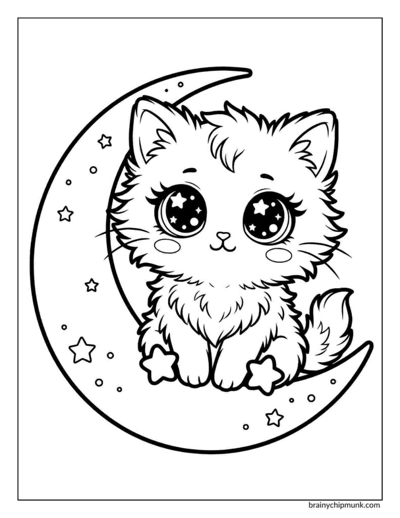 Cute Kawaii Cat with large, starry eyes sitting on a crescent moon surrounded by stars, conveying a whimsical and dreamy atmosphere.