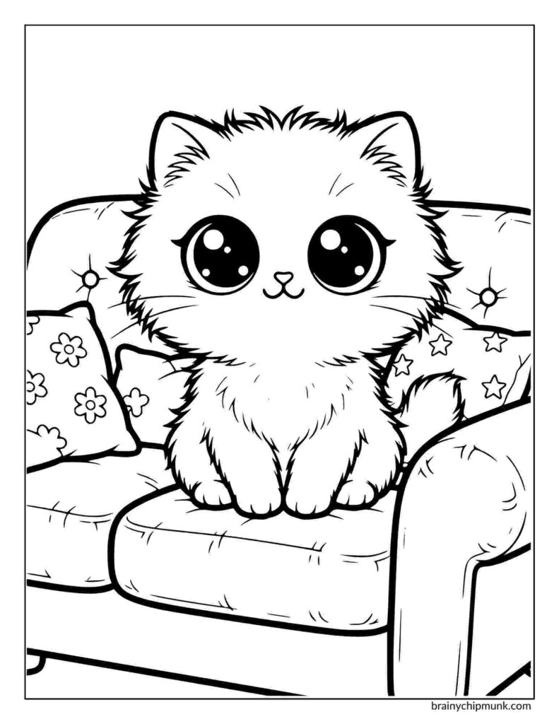 Adorable cartoon kitten with big eyes sits on a patterned couch. The cozy scene features floral pillows, creating a warm and playful atmosphere.