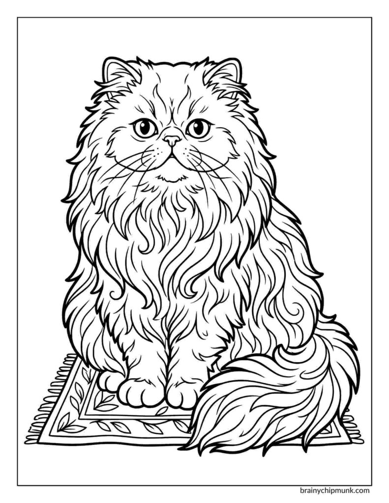 Fluffy cat with long fur sits on a patterned rug in a coloring page. The cat's wide eyes and relaxed posture convey calmness and elegance.