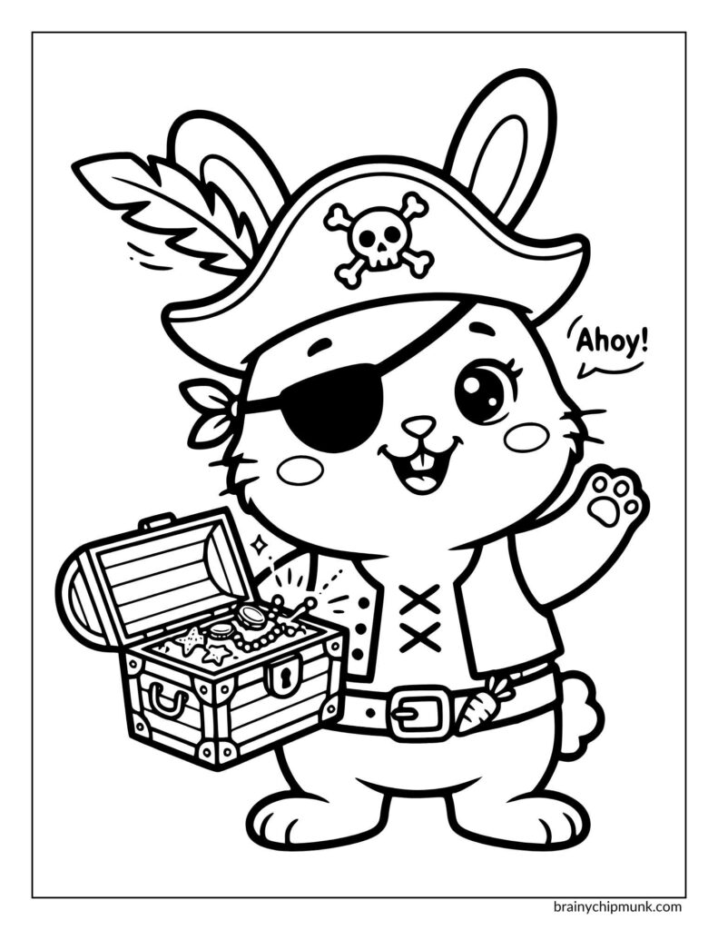 A cute cartoon bunny dressed as a pirate with an eye patch and hat waves cheerfully. It holds a treasure chest filled with sparkling jewels, saying "Ahoy!".