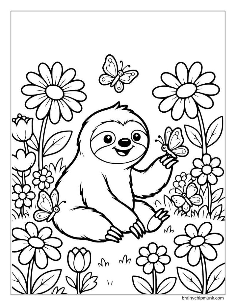 Cute sloth playing with butterflies in a garden full of flowers coloring page.