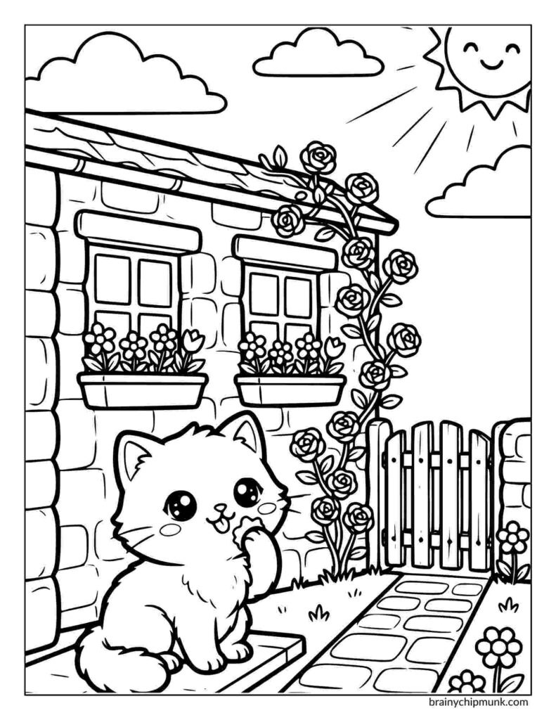 Cute kitten sits in a garden in front of a house with flower boxes, a cobblestone path, and a sunny sky with clouds. The scene is cheerful and inviting.