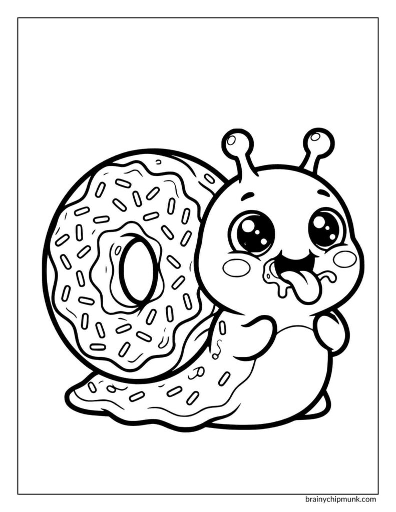 Coloring page of a cute cartoon snail with large eyes, smiling tongue out. Its shell is a sprinkled donut. Playful, whimsical vibe with simple black and white lines.
