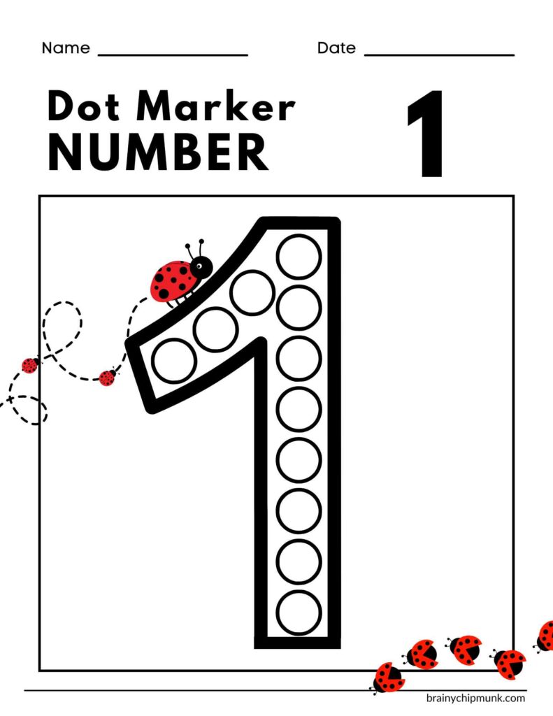Worksheet with a large outlined number one for dot markers, adorned with ladybugs and dotted lines. Spaces for name and date are at the top.