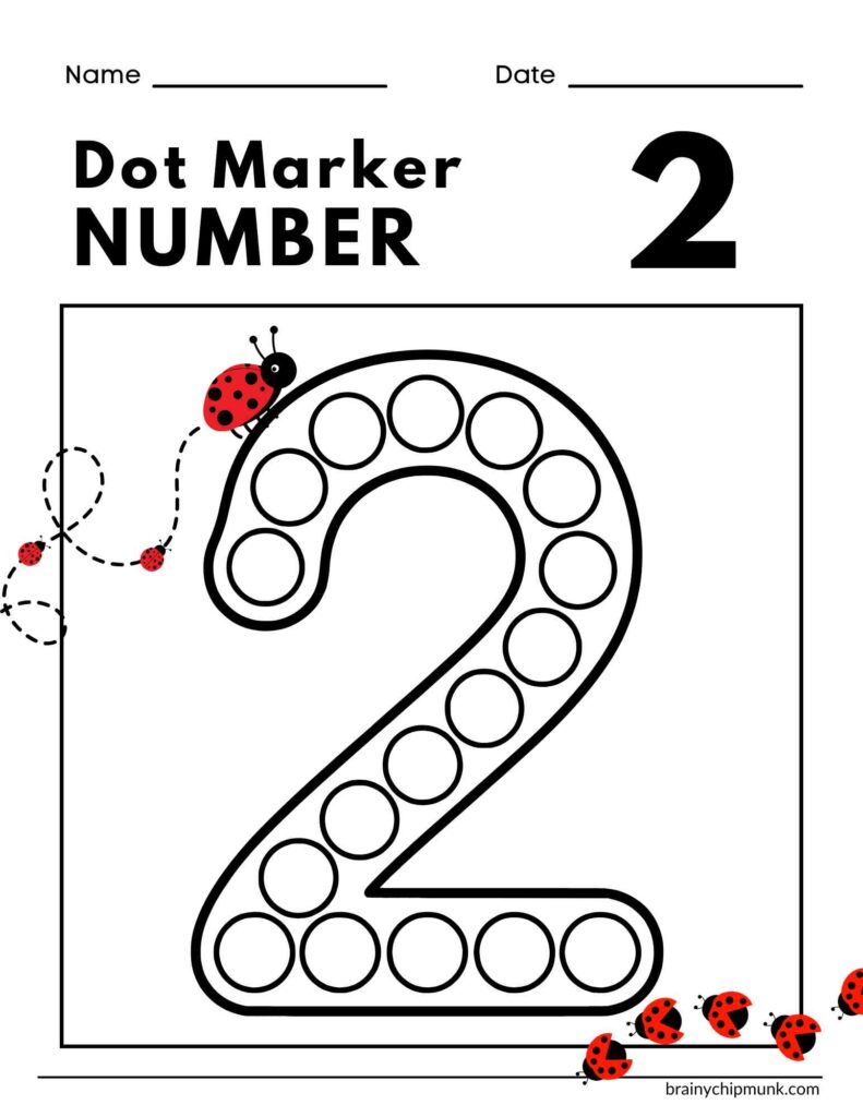Worksheet with a large outlined number two for dot markers, adorned with ladybugs and dotted lines. Spaces for name and date are at the top.