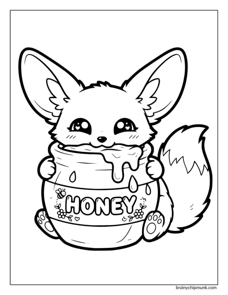 Coloring sheet image of a cute fennec fox holding a honey jar, with big ears and a fluffy tail. The jar is labeled "Honey" and has dripping honey. The scene is playful and charming.