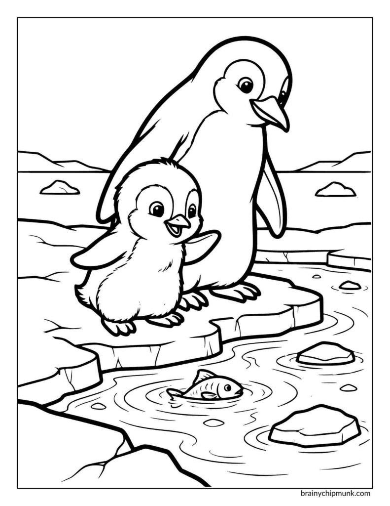 A happy adult penguin and chick stand on ice near a pond, watching a fish swim coloring page. The scene is cheerful and captures a playful, serene moment.