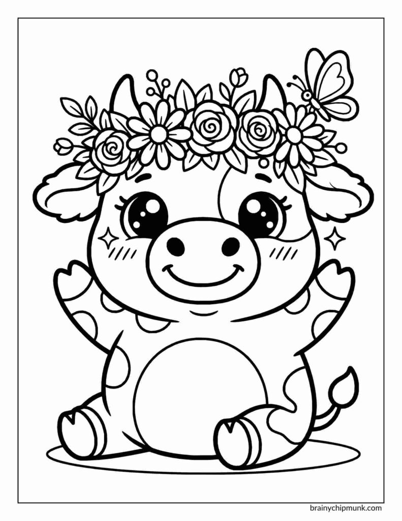 25 Super Cute Cow Coloring Pages Adorable coloring page of a cow with a flower crown and butterfly on its head, smiling with raised arms. The image conveys joy and playfulness.